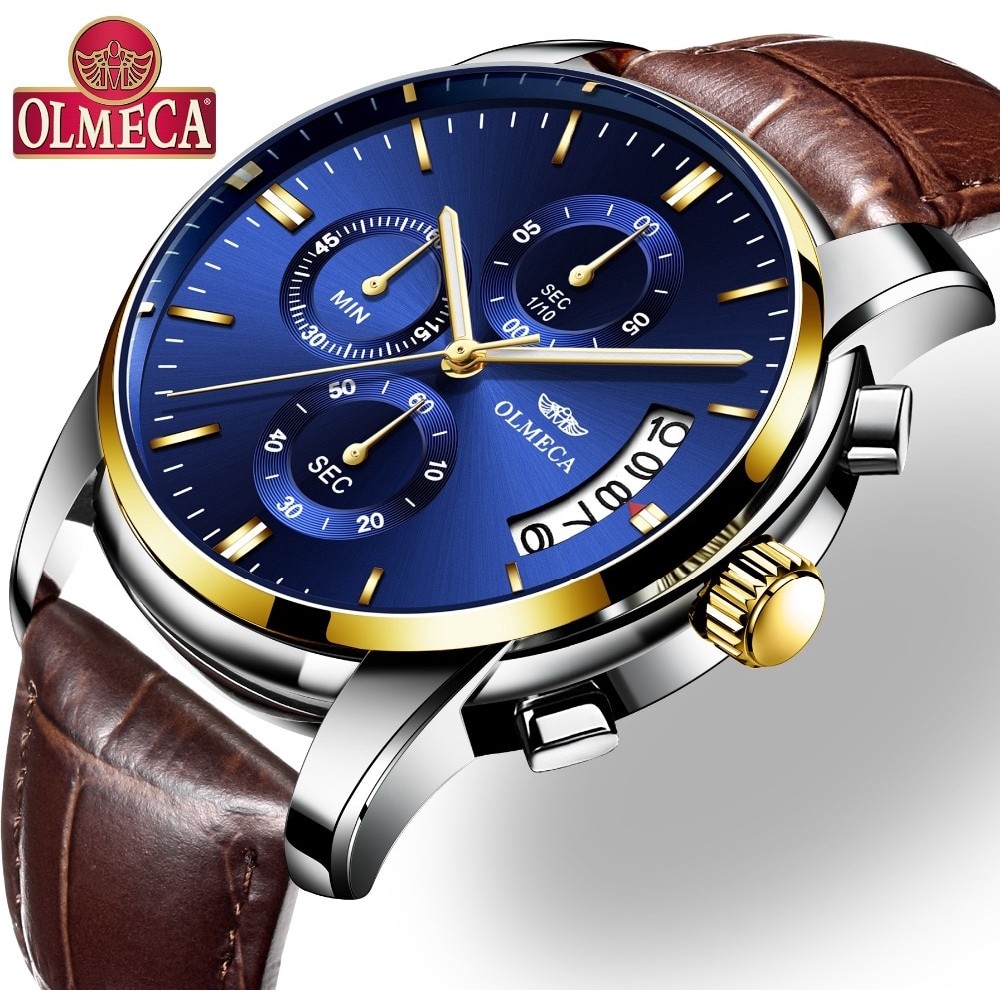 ในสต็อก ผู้ชาย OLMECA นาฬิกาหรูหรานาฬิกากันน้ํา Chronograph นาฬิกาข้อมือควอตซ์หนัง