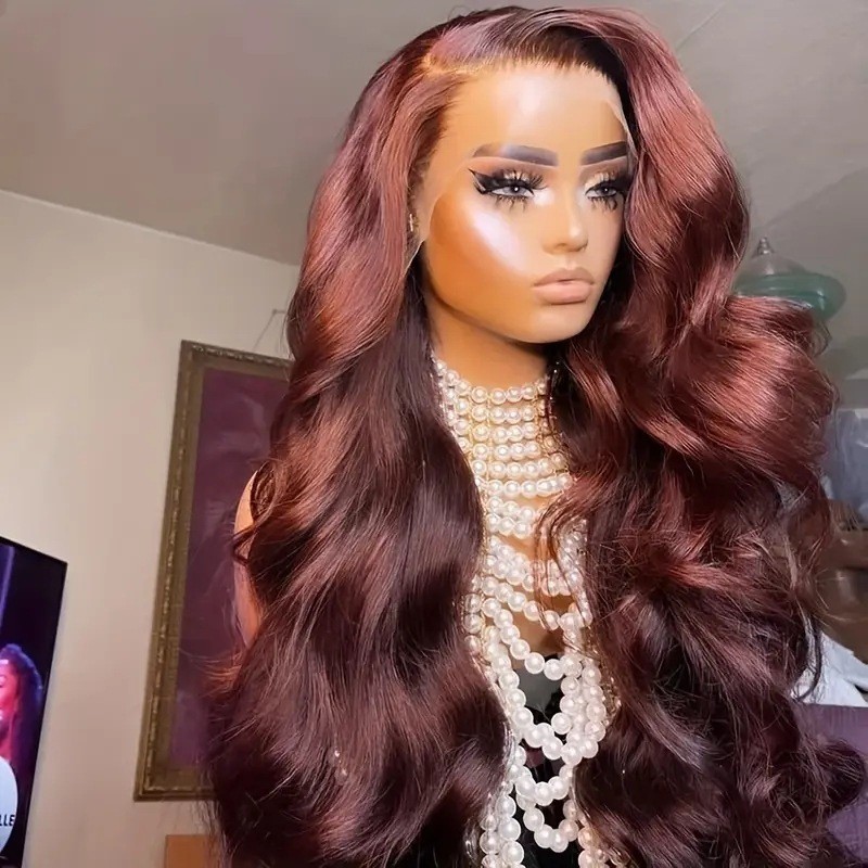 Hot selling red brown large wave front lace wig full head set for women, 13 * 4 lace wig