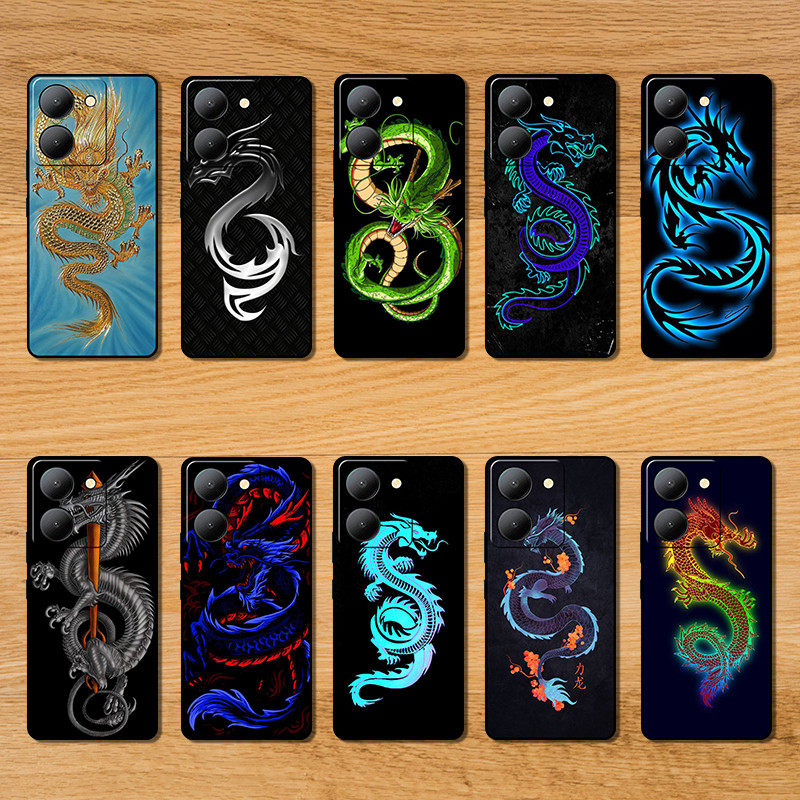 เคสโทรศัพท์สีTPUนุ่มสีดําสําหรับVivo Y31 Y3S Y35 Y36 Y50 Y51 Y55 Y55S RB12 มังกรการออกแบบป้องกันการต