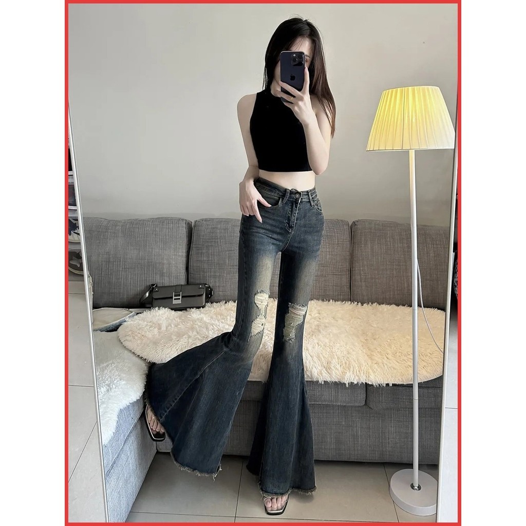 ใหม่ S-XLLกางเกงขาเขาปี2025 สไตล์เกาหลี เอวสูงฝ้าย60%+ ลายขาดสตรีท