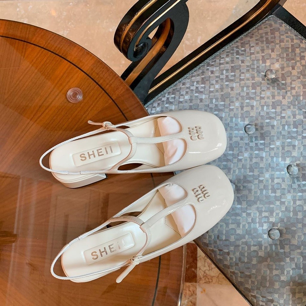 Miu MIU Baotou รองเท้าเดี่ยว, กระเป๋าสไตล์เดียวกันสแควร์ Toe รองเท้าแตะส้นหนาสําหรับผู้หญิง 2024 ฤด