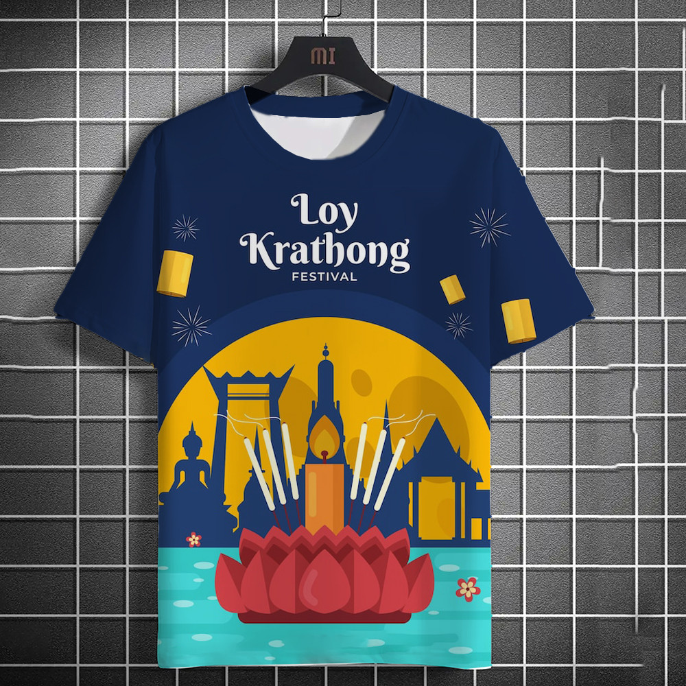 ลอยกระทง ใหม่เสื้อผ้าลายไทยเสื้อยืดแขนสั้นสีม่วงเสื้อยืดคอกลมลําลอง