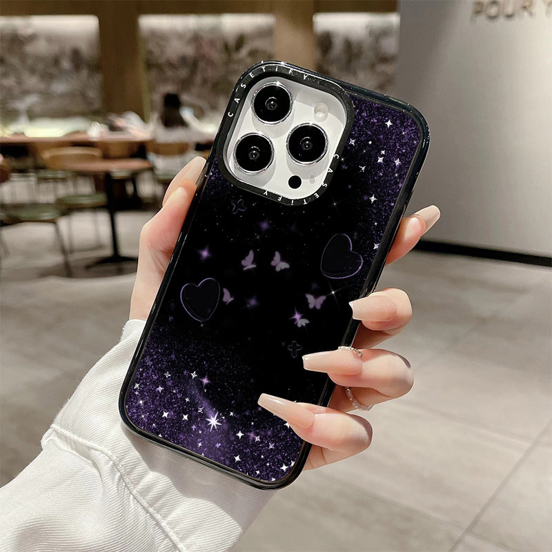พื้นหลังสีดําสีม่วง Loving Heart ไร้สายชาร์จแม่เหล็กสําหรับ IPhone 11 14 15 16 Pro Max 12 13 Pro Max ฝาครอบ 15 16 PLUS ซิลิโคนนุ่มกันชนใสกันกระแทกปลอก