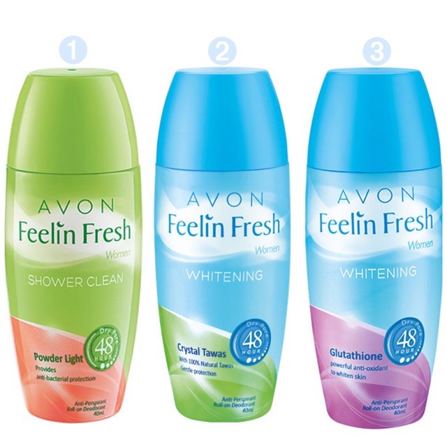 ในสต็อก Avon Feelin Fresh Anti-Perspirant Roll-On (แป้ง ไลท์) (คริสตัลทาวาส์) (กลูตาไธโอน) 40ML