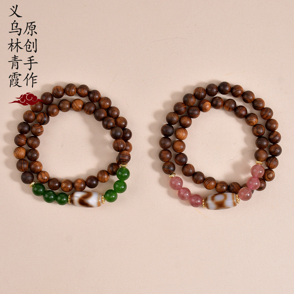 วงกลมคู่ Rosewood สร้อยข้อมือ Berry คริสตัลสีเขียว Agate สร้อยข้อมือลูกปัดผู้ชายผู้หญิง Wenwan พระพุ