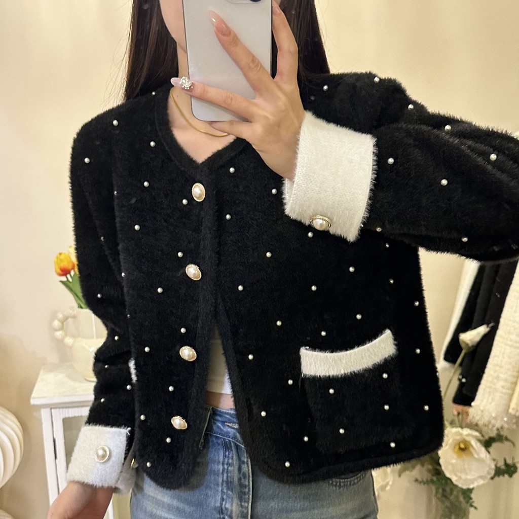 เสื้อสเวตเตอร์ถักผู้หญิงทรงสั้น สไตล์ฝรั่งเศส คอสูง อุ่นสบาย ใส่เป็นแจ็กเกต