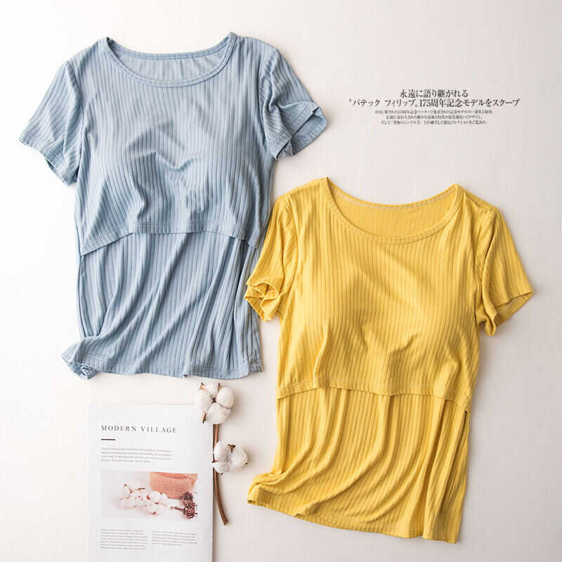 ▣ Pregnant Tops Dresses 100% Cotton Solid Color Nursing Maternity Clothes Fashion Mom Short-Sl
