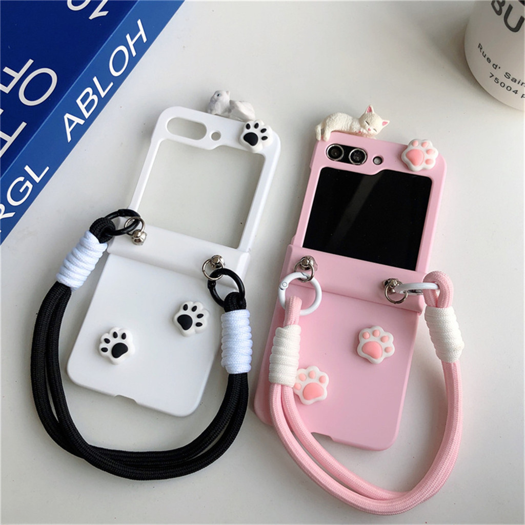 Ins เกาหลีน่ารัก Kitty Cat Claws สีทึบแบบพกพาเชือกเคสโทรศัพท์สําหรับ Samsung Galaxy Z Flip6 5G Z Flip5 Zflip5 Zflip6 ฝาครอบ