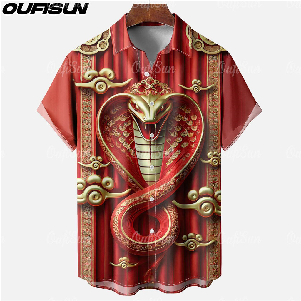 ปีใหม่เสื้อเชิ้ตผู้ชายลายงู3งพิมพ์ลายผู้ชายสีแดงแขนสั้นด้านบนปุ่มหลวมผู้ชายฤดูร้อนสบายเสื้อผ้าขนาดใหญ่