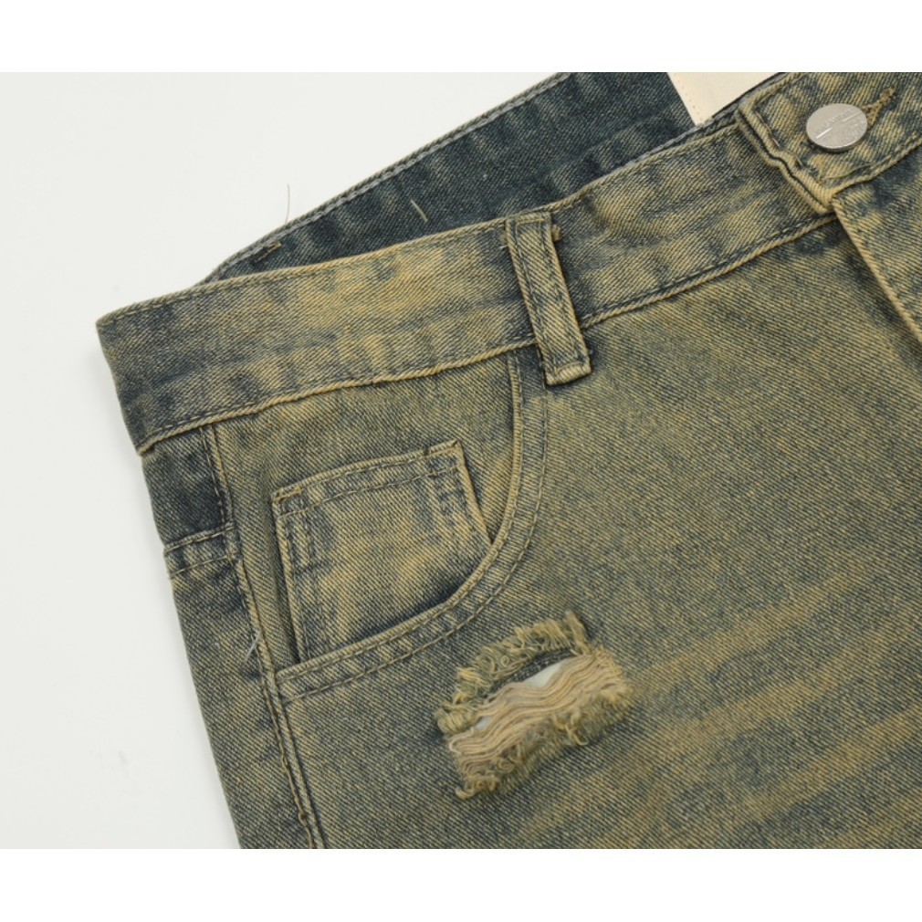 ♞,♘Essentials FEAR OF GOD High Street ทุกข์ ล้าง ย้อนยุค เศษ ขาด ผู้ผลิตกางเกงยีนส์ขาตรงพู่ bnj