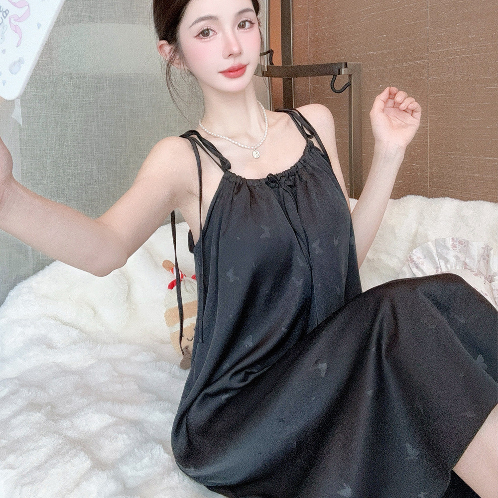 2025 ใหม่ผีเสื้อความยาวกลาง Nightgown แขวนคอฤดูร้อนเซ็กซี่ Nightdress สําหรับผู้หญิงสไตล์ผ้าไหมน้ําแข็งพร้อมเบาะหน้าอก