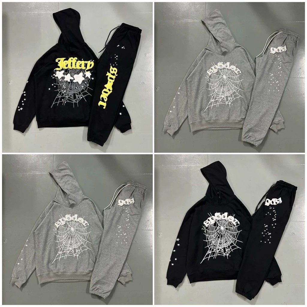 Mechao Sp5der Star Foam Print Loose Hooded Sweatshirt กางเกงลําลอง