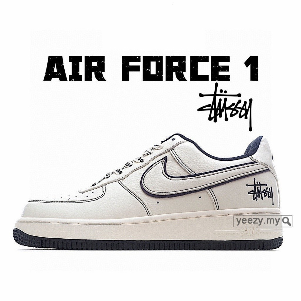 ♞,♘,♙Stussy x Air Force 1 07 AF1 vgwv รองเท้าผ้าใบสีดำและสีขาว XSA