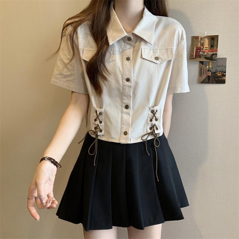 ขนาดใหญ่พิเศษ Polo Collar Overalls เสื้อผู้หญิง Slimmer ดูการออกแบบรู้สึกสั้นสไตล์ของแท้ไหล่ Laced-Up Top ฤดูร้อน