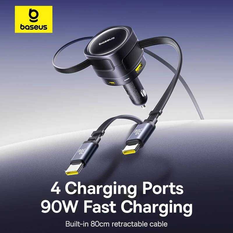 ▥ Baseus 90W Car Charger Type-C Ip Dual Retractable Cable ชาร์จโทรศัพท์ PD QC SCP AFC PPS Fast