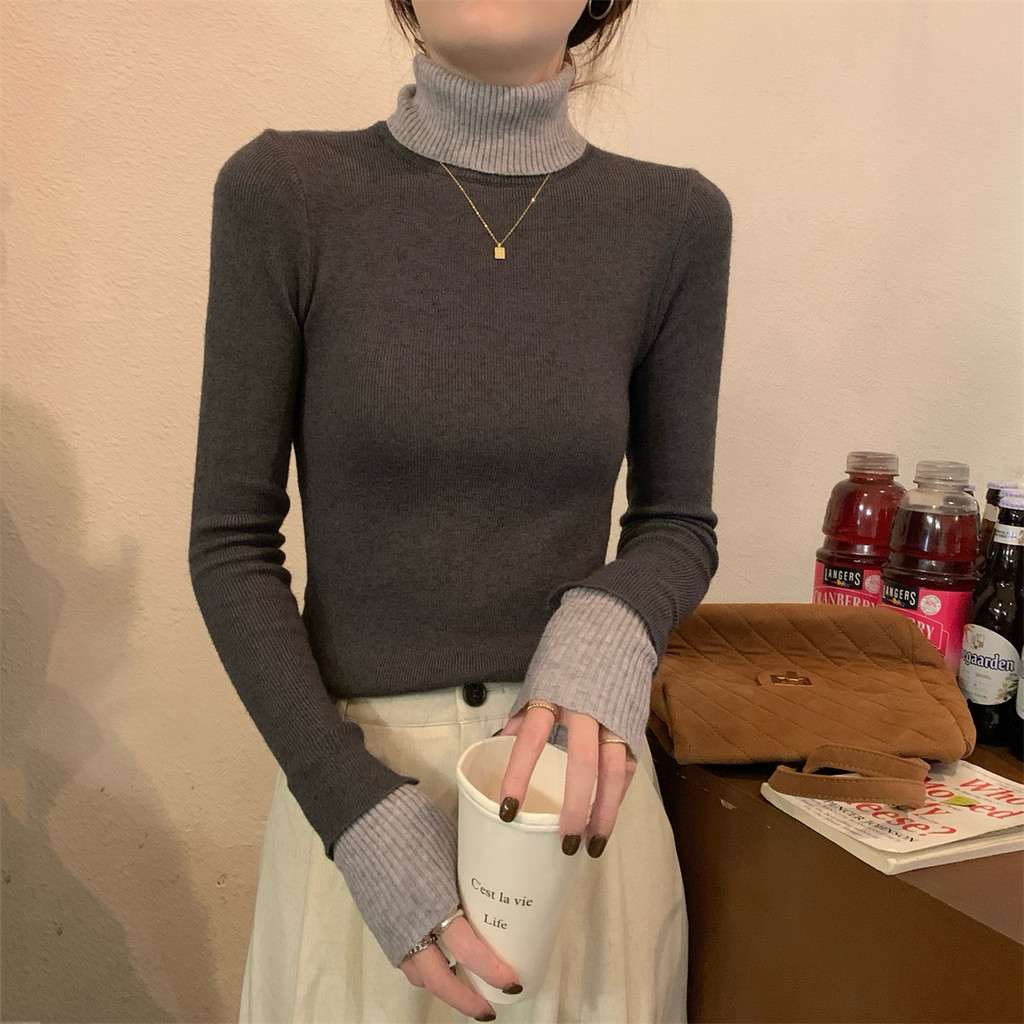 81039 High Neck Contrast Color Thicken Slim-fit Knit Sweat