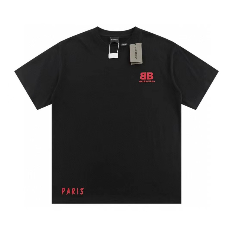 BALENCIAGA5001 Black Red Label Paris Print Loose T-Shirt