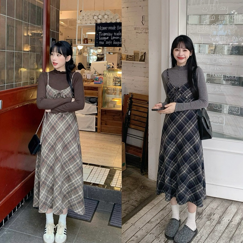 ♞,♘(C261)    เสื้อคอปีนระบายสีพื้น / เดรสสายเดี่ยวทรงยาว ลายสก็อต พร้อมส่ง 2 สี gbv