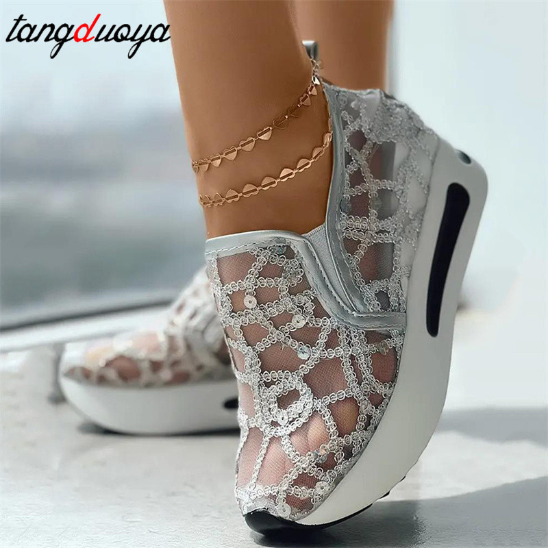 Female Wedge Sequin Mesh Breathable Gold Sier Platform Sneakers Women Height Increasing Wedges Shoes