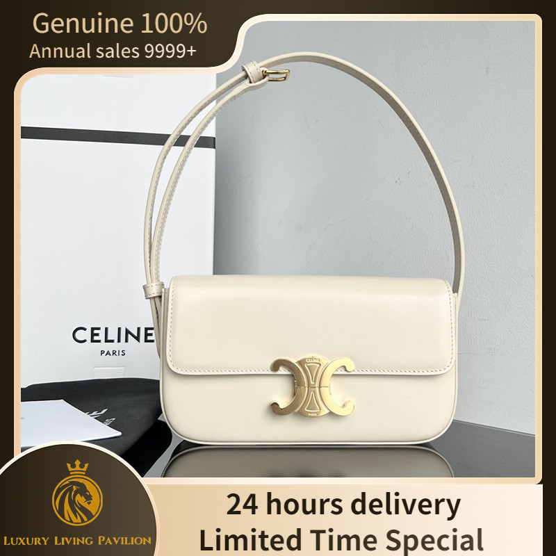 ซื้อในฝรั่งเศส ใหม่ Celine SHOULDER BAG TRIOMPHE IN SHINY CALFSKIN ARCTIC WHITE กระเป๋าแฟชั่น ของแท