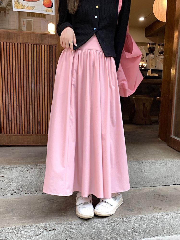 Wu 77 หวานสีทึบกระโปรงใหญ่ผู้หญิงลำลองเอวสูงSlimยาวA-Lineกระโปรงฤดูใบไม้ร่วง