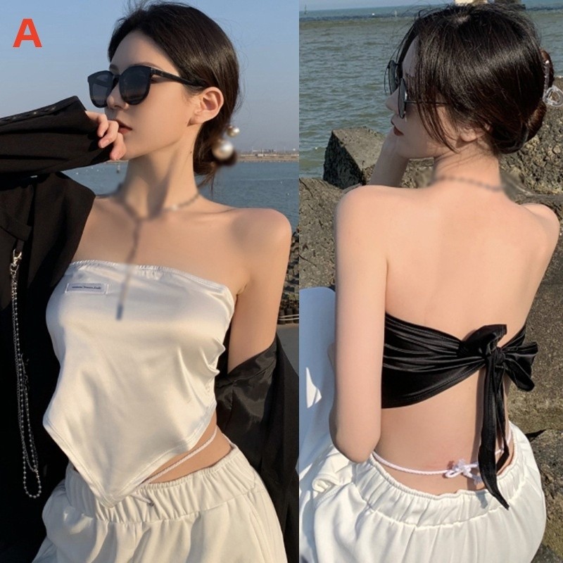 ในสต็อก เสื้อกล้าม Bandana Tube Backless Ribbon Top Crop Top Bandana Tube Backless Ribbon Top