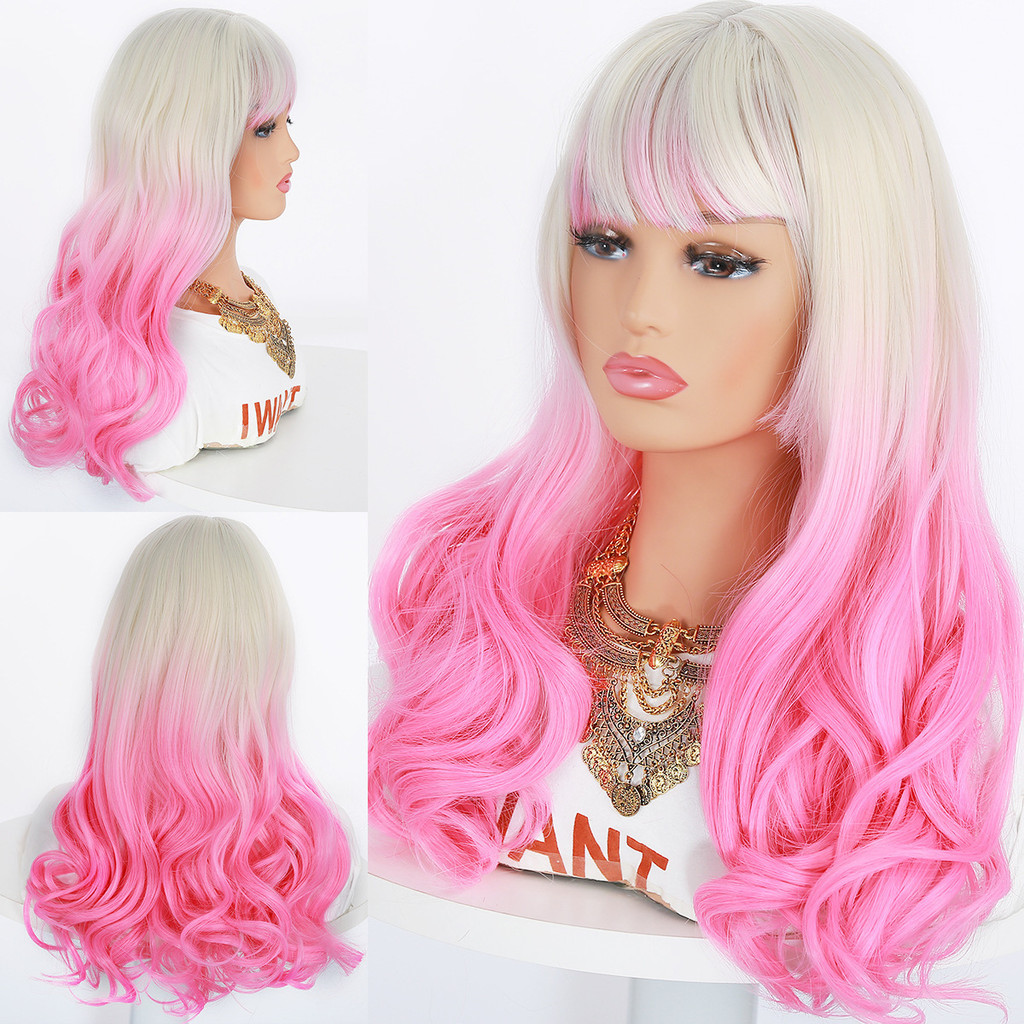 New wig for women with bangs, long curly hair wig, gradient high-temperature silk synthetic wig head