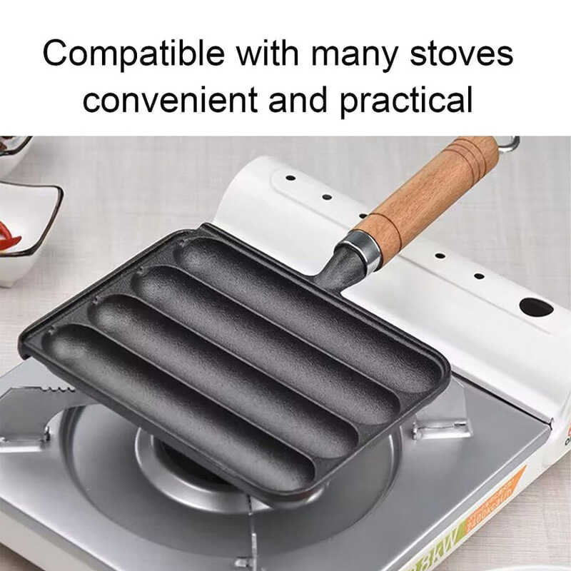 Iron Cast Sausage Non-Sticky Steak Frying Portable Square Gas Stoves Grill Pan Wooden Handle Home