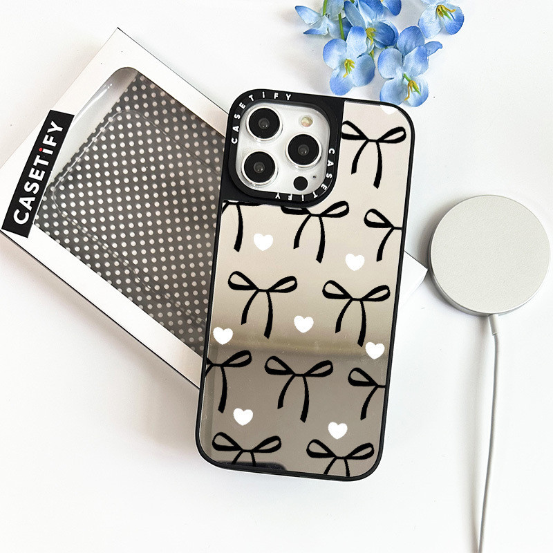 Minimalismเส้นbowknotกระจกปลอกสําหรับiphone 11 12 13 12Pro 14PLUS 15 16 Pro Maxไร้สายชาร์จแม่เหล็กกรณีปกหลังPC Hard Soft Borderกันชนกล่องบรรจุ