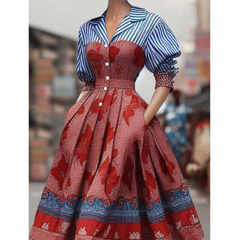 ▥ Elegant Bohemian Midi Dress สําหรับผู้หญิงแฟชั่นปกจีบลายลายดอ