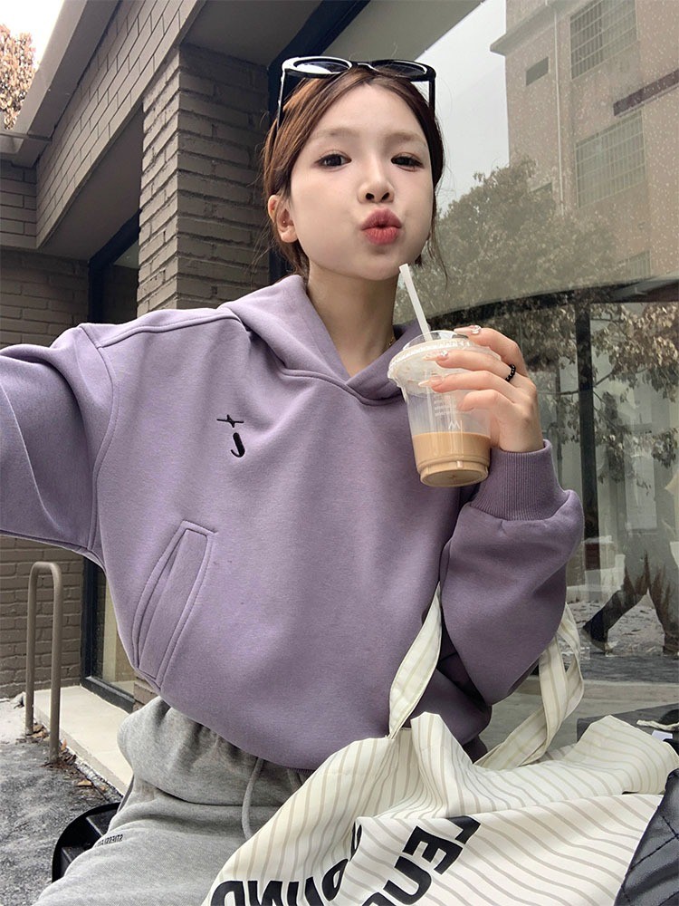 Solovely ผู้หญิง สไตล์เกาหลี แขนยาว เสื้อคลุม งานปัก ครอป สเวตเตอร์ โอเวอร์ไซส์ เสื้อมีฮู้ด