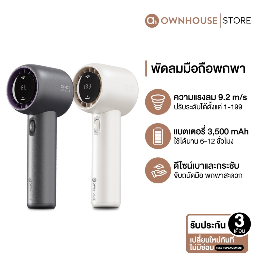Ownhouse พัดลมมือถือ พัดลมพกพา ปรับได้ 199 ระดับ แบตเตอรี่ 3,500 mAh ใช้ได้ 12 ชั่วโมง
