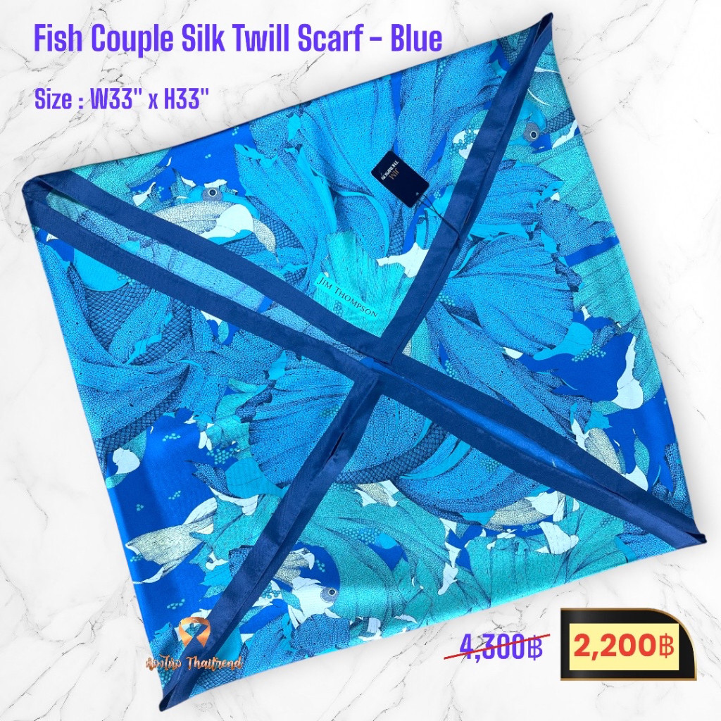 ผ้าพันคอผ้าไหม แบรนด์ Jim Thompson รุ่น Fish Couple Silk Twill Scarf - Blue