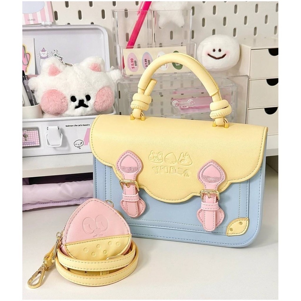 Dopamine Cream Contrast Color Bag กระเป๋าสะพายไหล่ New JK College Style Mobile Phone Bag Sweet and