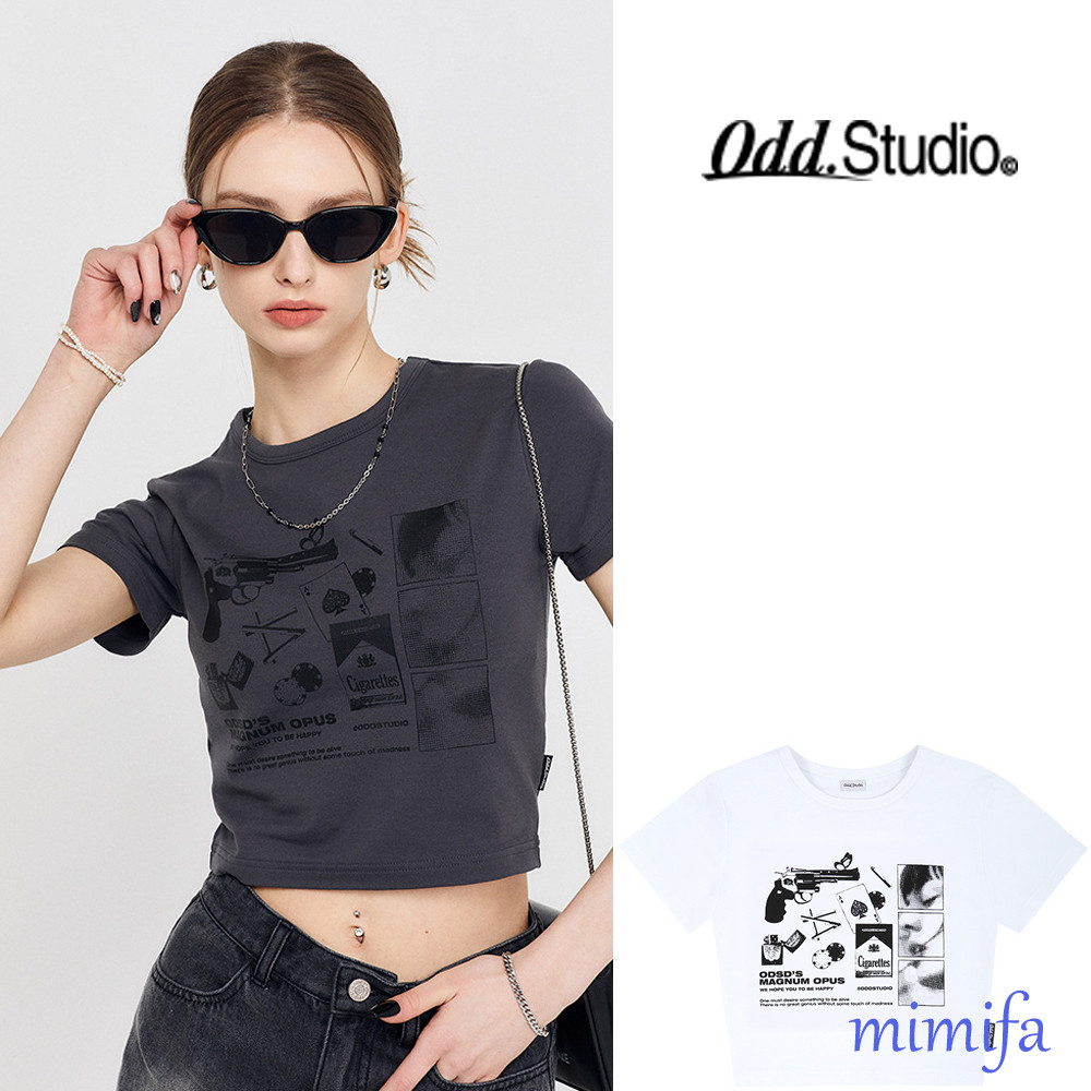 ♞,♘Oddstudio เสื้อยืดครอป กราฟฟิค จับจีบ VD