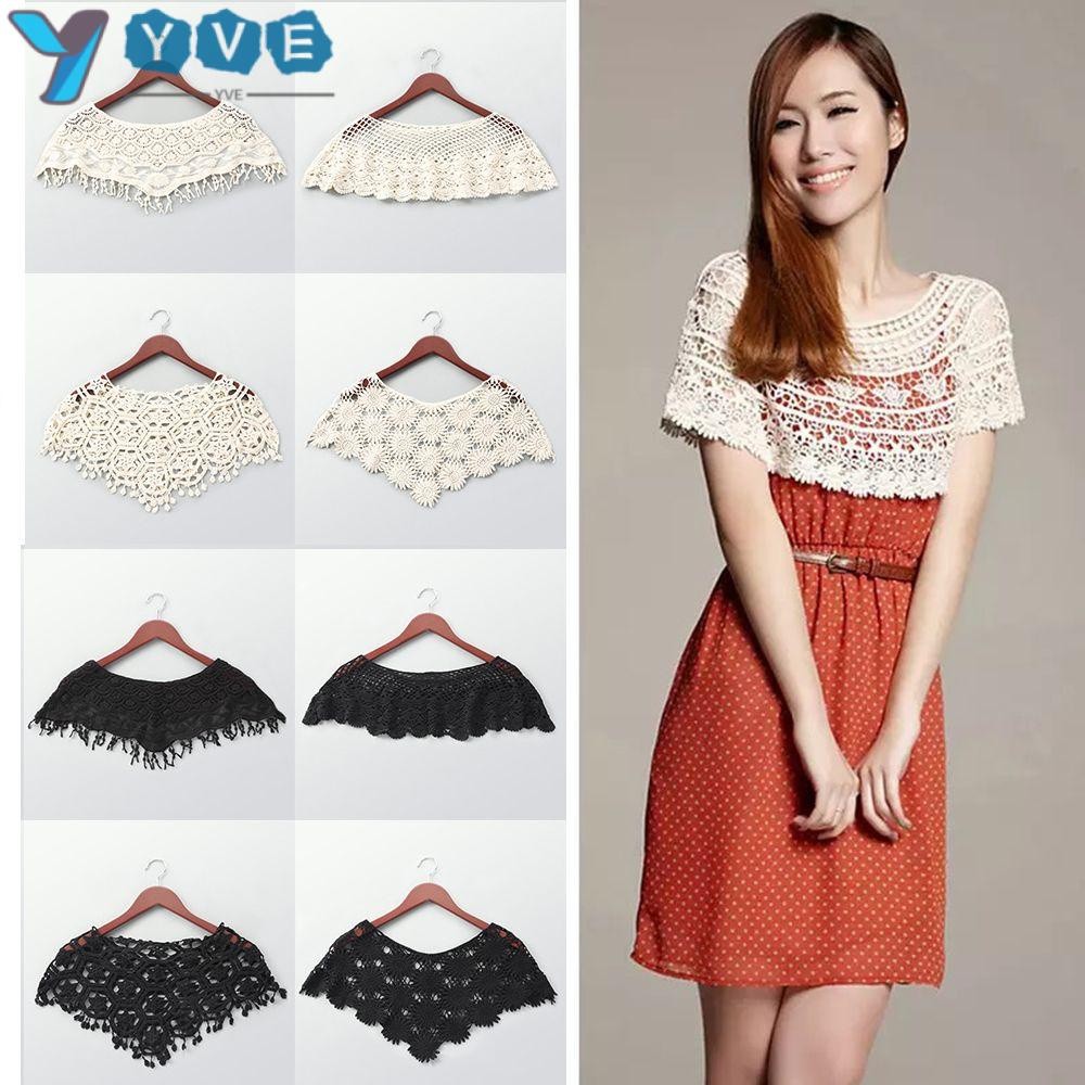 ในสต็อก YVETTE ผู้หญิงอุปกรณ์เสริมผ้าคลุมไหล่ Poncho Hollow Out ปลอกคอปลอมลูกไม้เสื้อกั๊กแฟชั่น Sun Protection พู่ Vinta