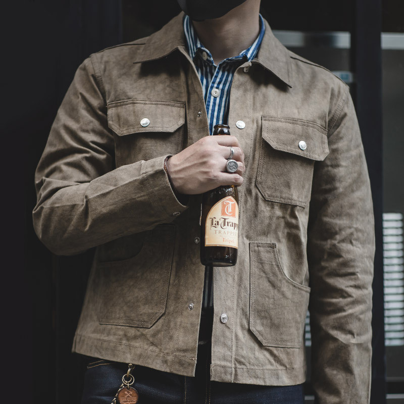 ♞,♘American Retro vintage Oil Wax Jacket Heavy Motorcycle Multi-pocket Ami Khaki Jacket rtr