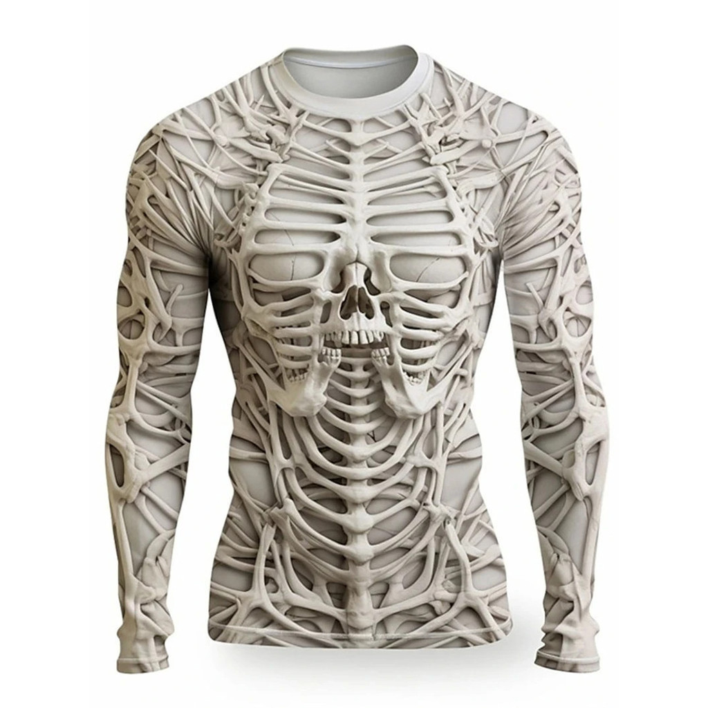 เสื้อเชิ้ตแขนยาวผู้ชายฤดูใบไม้ผลิและฤดูใบไม้ร่วงใหม่พิมพ์ลายหัวกะโหลก 3 มิติส่วนบุคคลเสื้อเย็นและทันสมัยเสื้อยืดคอกลมขนา