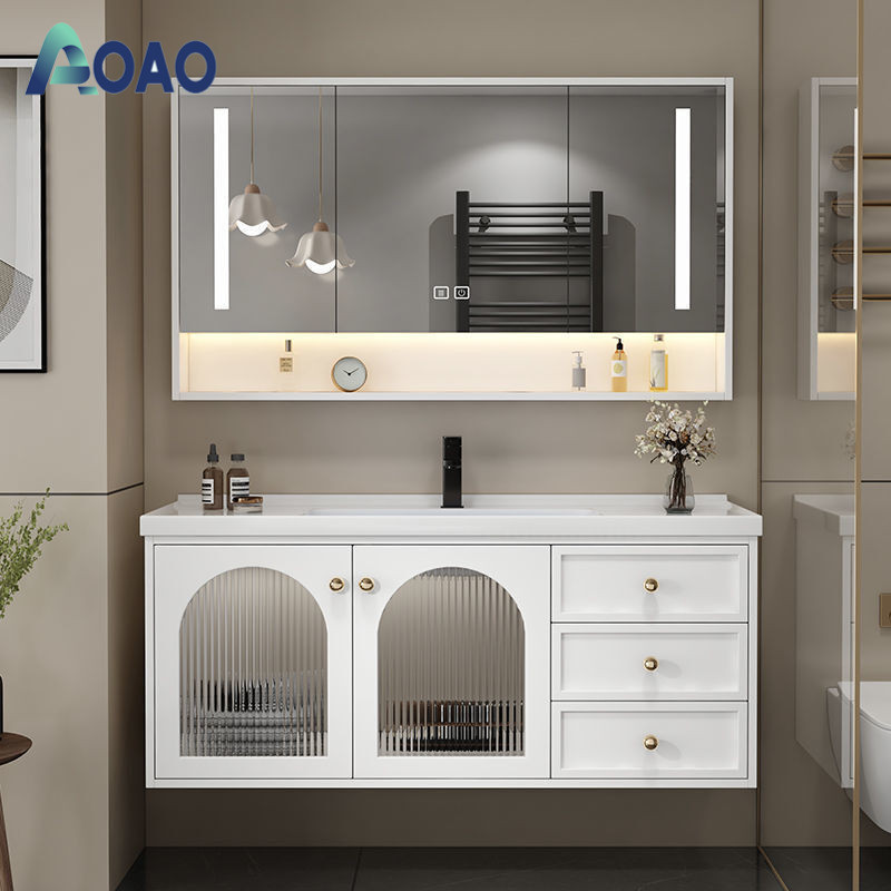 HP Simple Oak Ceramic Integrated Bas With LED Light Mirror Waterproonti-fog Bathroom Cabinet