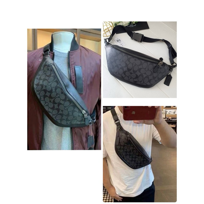 (ผ่อน0%) กระเป๋า คาดอก คาดเอว ลายซี สีดำ WARREN BELT BAG IN SIGNATURE CANVAS (COACH F78777)