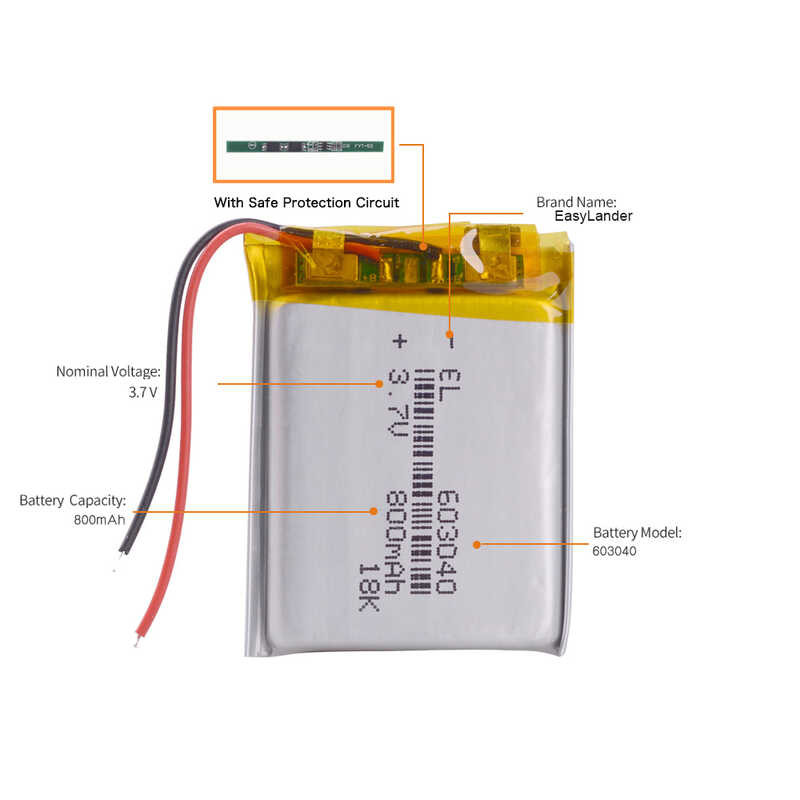 Δ 3.7V 800Mah 603040 แบตเตอรี่ลิเธียมไอออน Li-Polymer Li-Ion การตรว