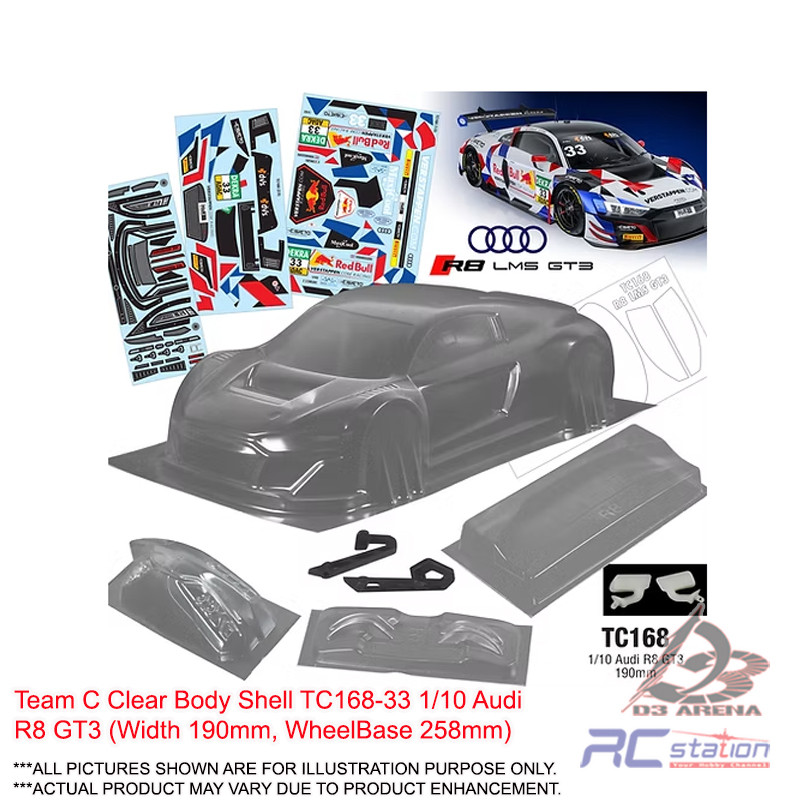 Team C Clear Body Shell TC168 1/10 Audi R8 GT3 (กว้าง 190mm, ฐานล้อ 258mm)