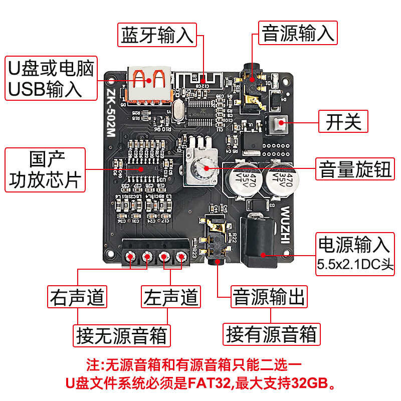 Wuzhi Audio 2.0 สเตอริโอบลูทู ธ ดิจิตอลแอมป์บอร์ดโมดูลอินพุ