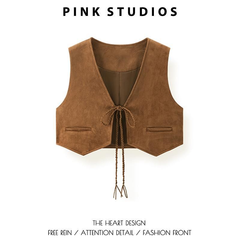 Layered Suede Coffee Color Retro Lace-Up เสื้อกั๊กคอวีผู้หญิง