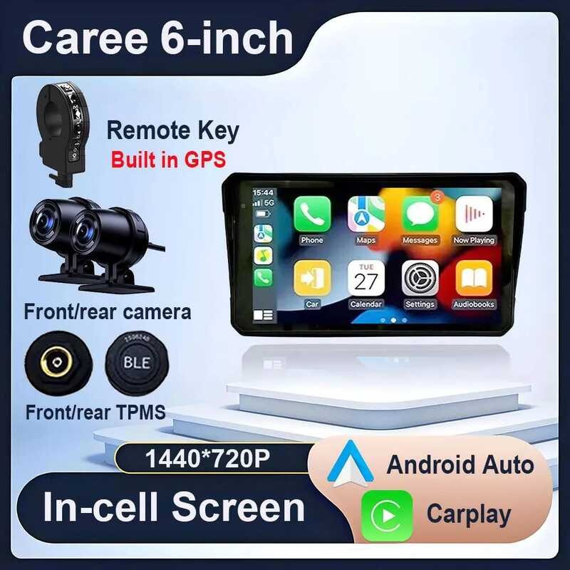 หน้าจอ 6 นิ้ว 1440*720P นําทางไร้สาย CarPlay Auto รถจักรยานยนต์ GPS มอเตอร์ DVR Monitor TPMS ตัวเลือ