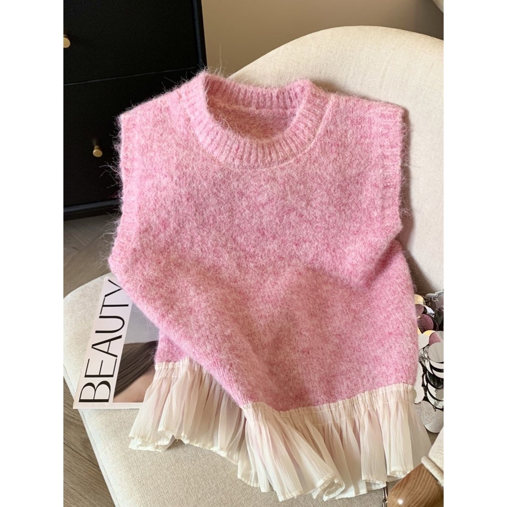 สีชมพูรอบคอสไตล์ขี้เกียจถักเสื้อกั๊กผู้หญิงชั้น สูง-จบ ลูกไม้เย็บเสื้อกันหนาวด้านนอกเสื้อกั๊ก