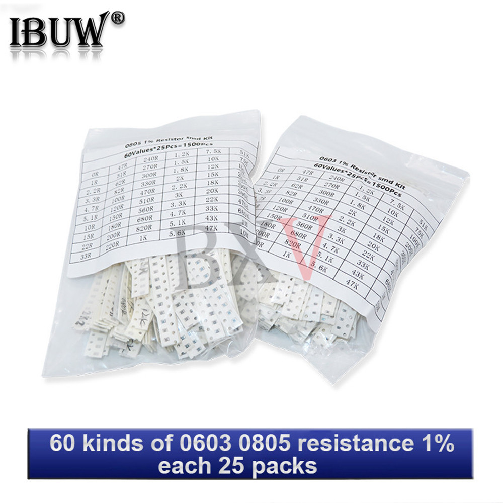 SMD 0603 0805 1500 ชิ้น/เซ็ตตัวต้านทานชุดสารพัน (60 ค่า X 25 ชิ้น) 0R-10M Ohm 1% ชุดต้านทานชิปฟิล์มค