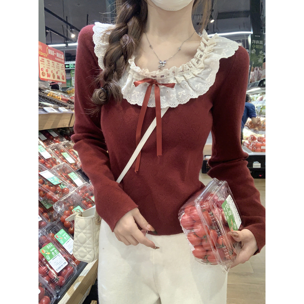 80510 Sweet Patchwork Lace เสื้อไหมพรมเสื้อแขนยาว
