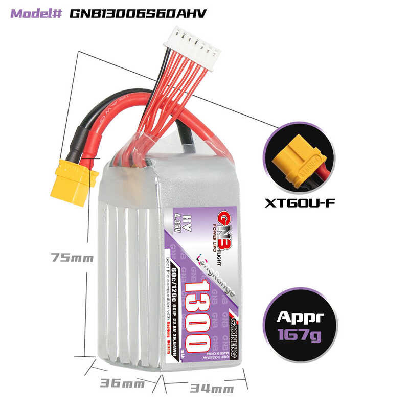 Δ GNB Lipo แบตเตอรี่ 6S 22.8V 60C 1300Mah พร้อมปลั๊ก Xt60 สำหรับ Drone