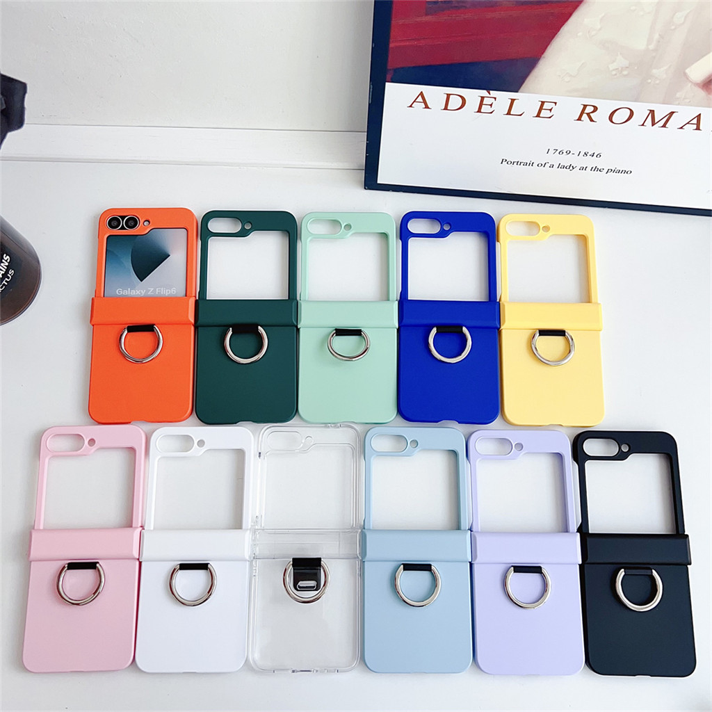 Ins เกาหลีน่ารักสีทึบแหวนแบบพกพาเคสโทรศัพท์สําหรับ Samsung Galaxy Z Flip 5 6 Z Flip6 ZFlip 5 Zflip6 Zflip5 กันกระแทกปกหลัง